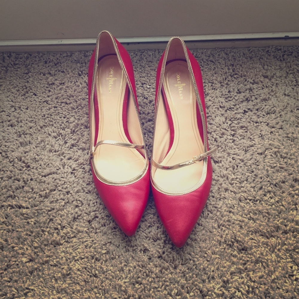 Cole Haan Red Pointed-Toe Mary Jane Heels with Gold Trim